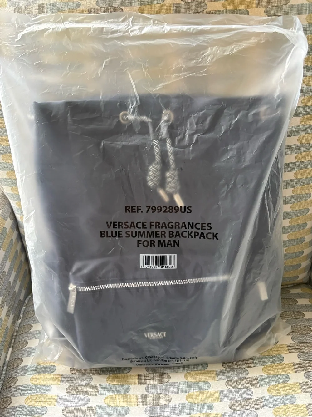 Versace Men's Navy Drawstring Backpack with Front Zip Pocket New